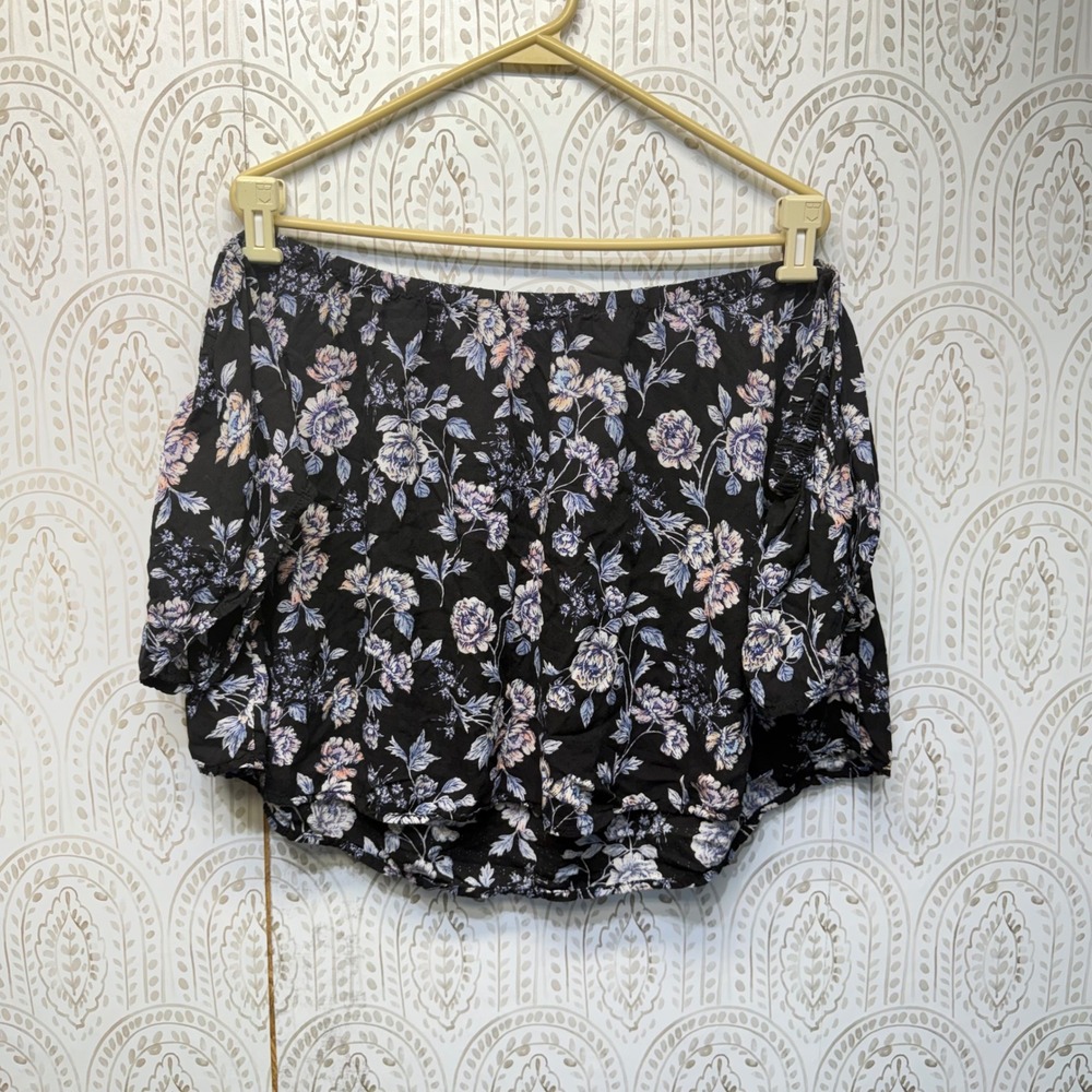 American Eagle Floral Off Shoulder‎ Top Womens Large Black Boho Cropped Blouse